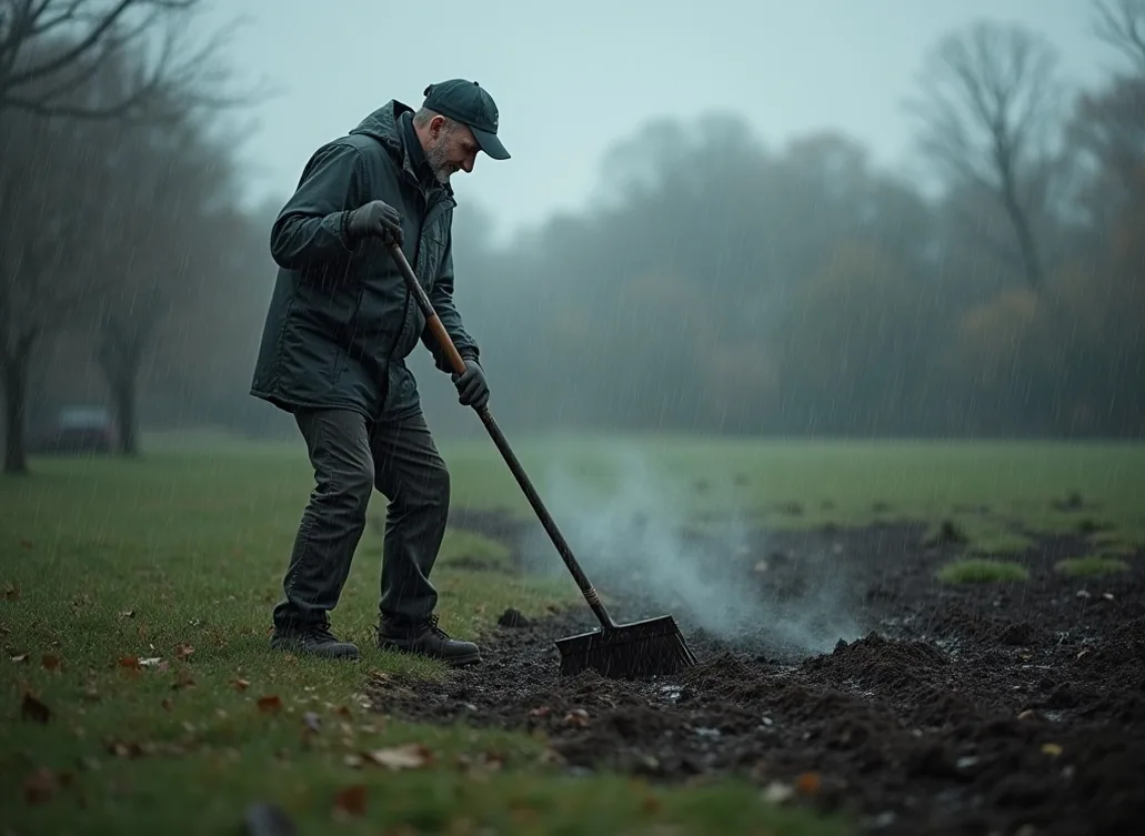 A man in a waxed jacket raking scarified lawn in October drizzle with breath faintly visible