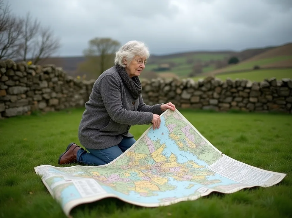 A woman in her sixties kneeling in a Yorkshire garden with an unfolded regional map spread across her lap
