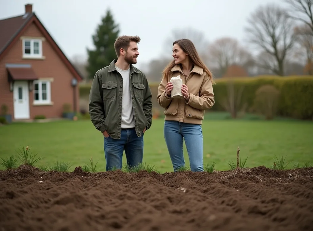 A young couple standing at the edge of their newly sown patch of bare raked soil in spring