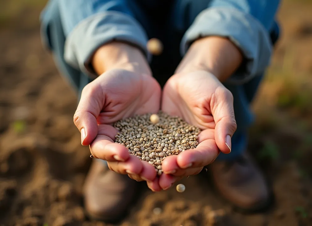 Close-up of weathered hands broadcasting wildflower seed by hand across scarified brown turf
