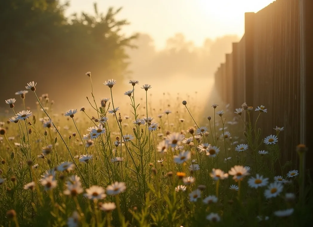 Early morning mist over a converted suburban back garden meadow in southern England with ox-eye daisies