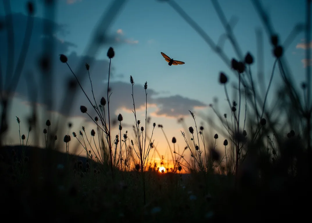 Low ground-level view through the base of a meadow sward at dusk with tangled stems and seed heads silhouetted