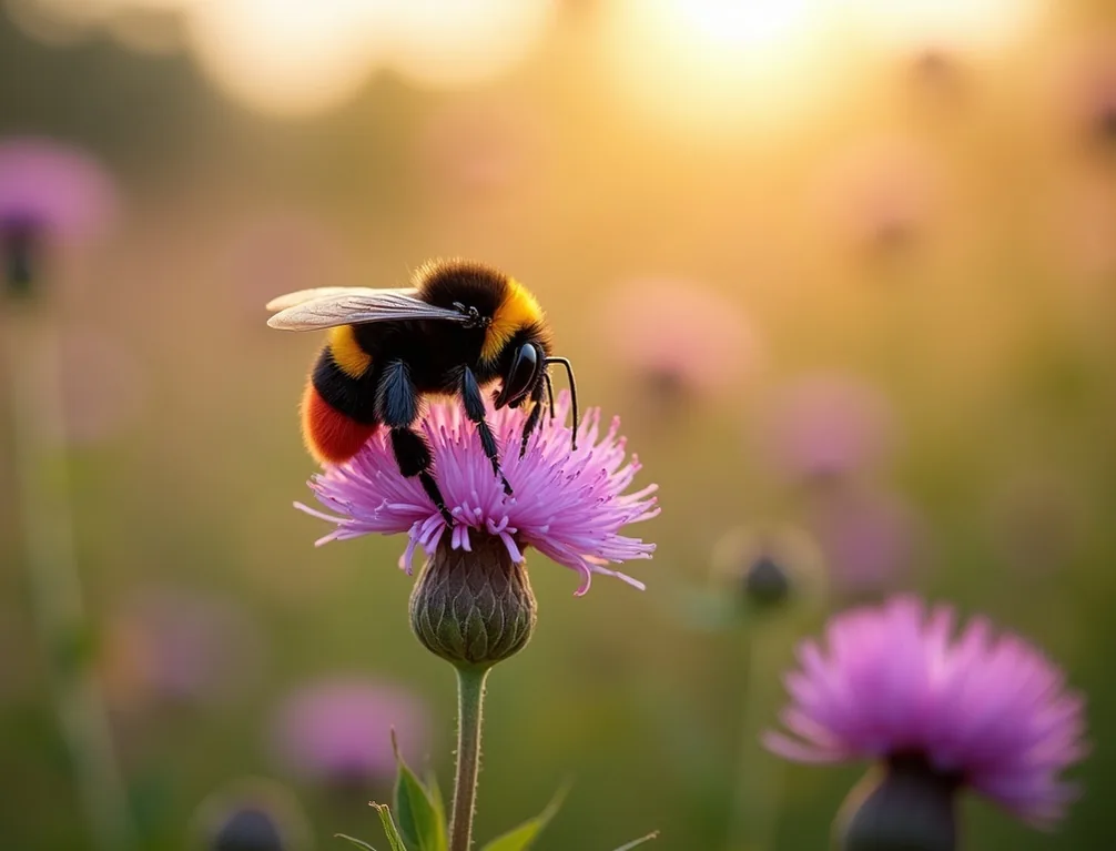 Macro of a red-tailed bumblebee gripping a purple knapweed flower head in a summer meadow with wings blurred
