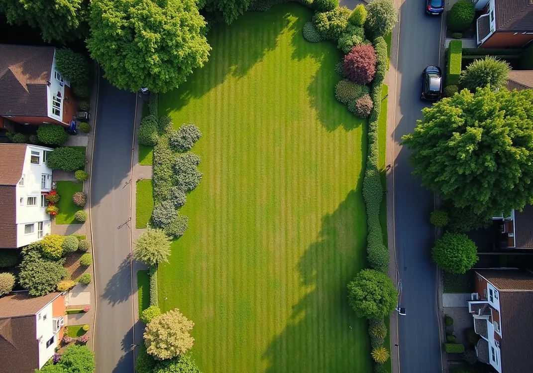 Overhead drone perspective of a suburban street in the English Midlands where several front lawns have been converted to wildflower meadows
