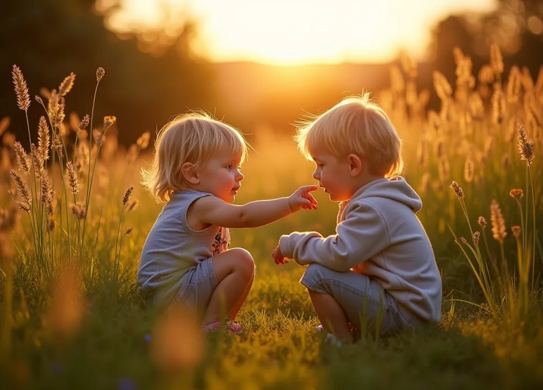Two children crouching in tall waist-high grass and wildflowers in a Welsh garden at golden hour